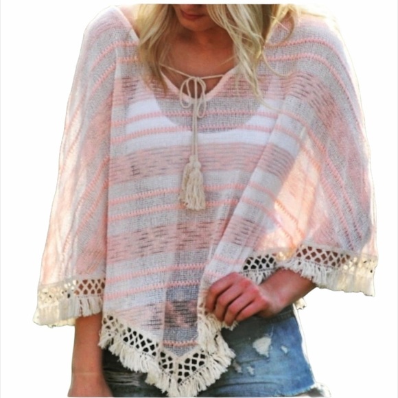 ORANGE CREEk Peach/Cream Tassle Hem Sheer Poncho - Picture 4 of 8